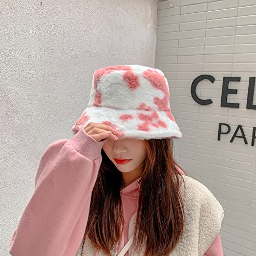 Winter Plush Bucket Hat For Women Cow Print Fuzzy Bucket Caps Casual Warm Faux Fur Fisherman Hats #TOP1