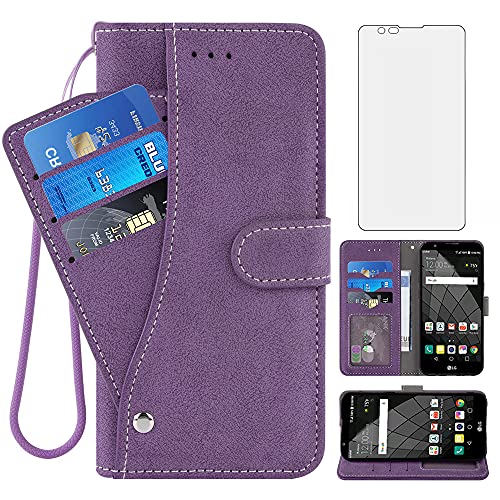 Asuwish Compatible with LG Stylo 2 2+/Stylus 2 Plus/Stylo2 V 2V Verizon Wallet Case and Screen Protector Protective Film Flip Card Holder Slot Stand Cell Phone Cover for G LS775 VS835 Women Men Purple