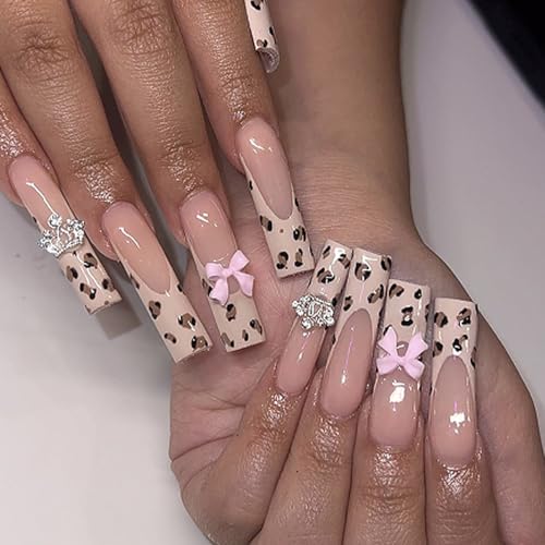 French Tip Leopard Print Press on Nails Long Coffin Fake