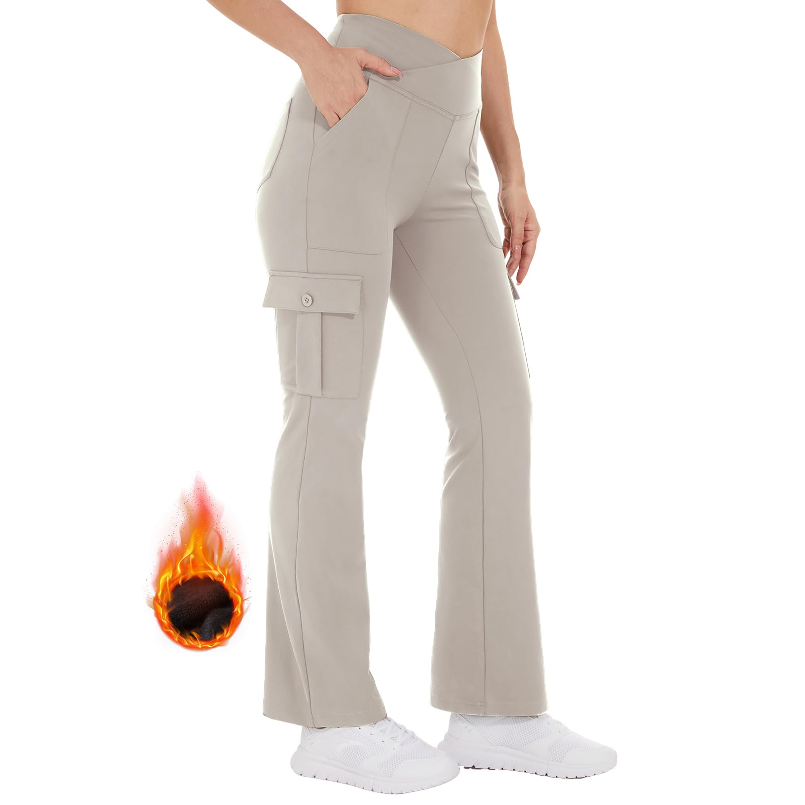 Yoga Flare Leggings for Women High Waisted Yoga Casual Pants Workout Leggings Cargo with 6 Pockets Bootcut Yoga Pants Khaki-fleece X-Large