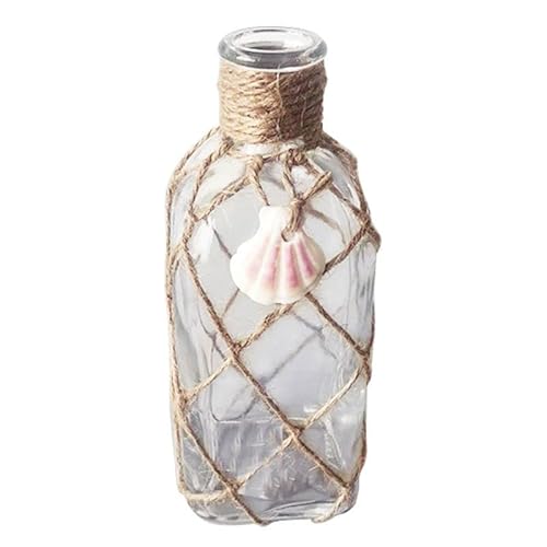 ROCKING GIFTS Jarrón Cristal Decorativo con Cuerda Marrón y Concha Playa Boho 21 cm
