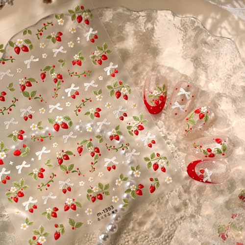 Image of Strawberry Nail Stickers Bow Nail Art Stickers with Jelly Design Cute Nail Decals for Nails Art 5D Embossed Spring Summer Self Adhesive Nails Charms Supply for Women Manicure DIY Decoration 1 Sheets