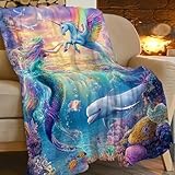 Fantasy Mermaid Blanket Unicorn Throw Blankets for Girls Boys Soft Warm Funny Marine Life Throws Flannel Fleece Plush Ocean Beach Stuff Gifts for Kids Men Women Adults for Bed Sofa Decor 50'x40'