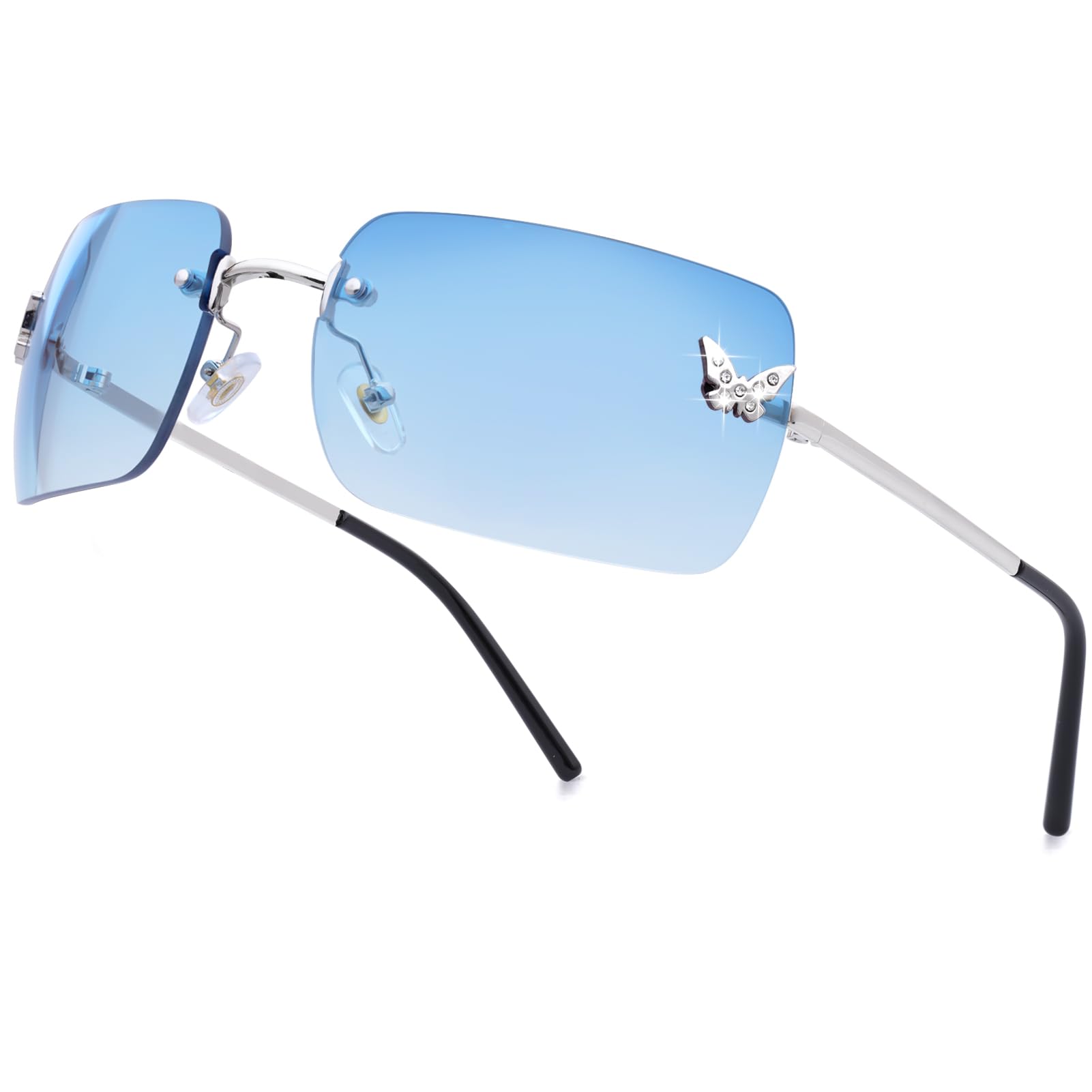 Photo 1 of knliwkm Rimless Rectangle Y2k Sunglasses for Women Men Cute Small Frameless Blue Tinted Lens 2000S Fashion Shades with Butterfly