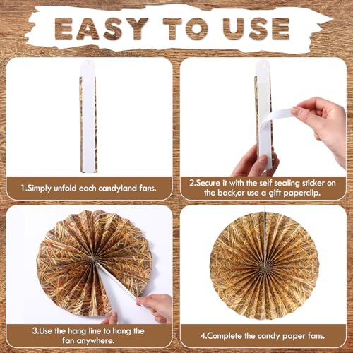 Image of Outus 9 Pcs Western Cowboy Party Decorations Paper Fans Wagon Wheels Straw Hay Bales Hanging Ceiling Wall Decor for Country Western Themed Rodeo Farm Birthday Party Supplies (Straw)