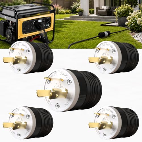 5 Pack NEMA L6‑30P Locking Plug 30 Amp Male 30A 250V Twist Lock L6‑30 Plug, Industrial Grade 2‑Pole 3‑Wire, Nylon &amp; Brass, Secure L630P Plug for Generator, RV, Welding, Transfer Switch