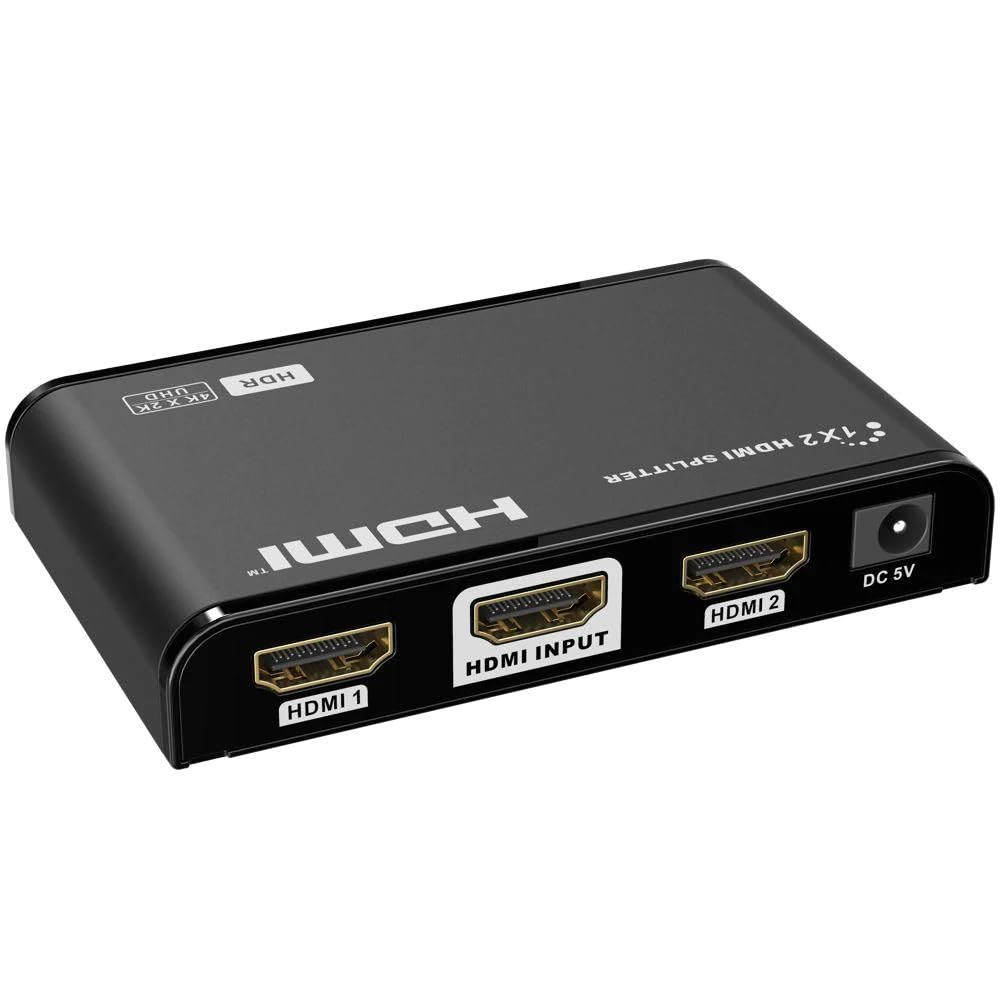 Allteq 2-Port HDMI Splitter front and back view amb ports etiquetats