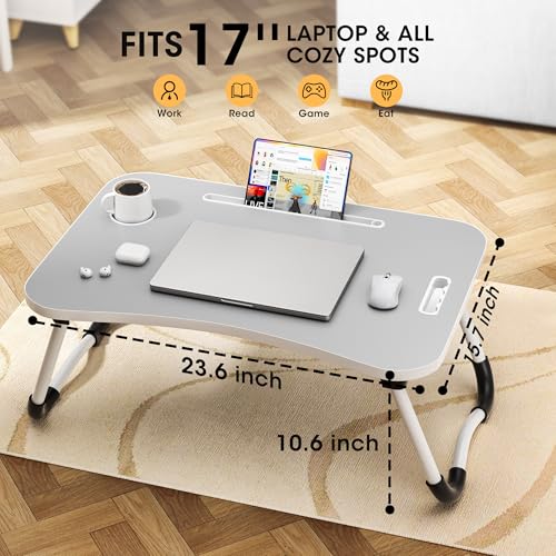 Image of Folding Lap Desk, 23.6 Inch Wood Laptop Bed Desk with Cup Holder, Portable Bed Table for Working Writing Reading, Eating for Bed, Floor, Sofa, Couch - Grey