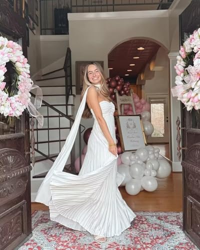Eightale Strapless Long Bridesmaid Dresses with Scarf Satin Pleated A Line Maxi Formal Evening Gown for Women4