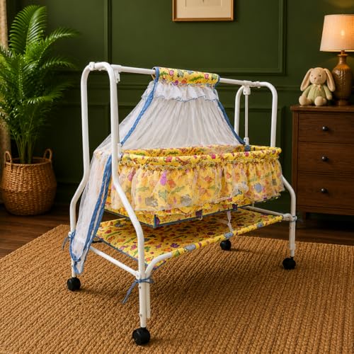 Image of Kiddery Diana | Cradle for Baby | New Improved Mattress Design | Mosquito Protection Net | Smooth Swing | All Wheel Lock | Palna | Jhula | Uyyala| 0-10 Months | Yellow