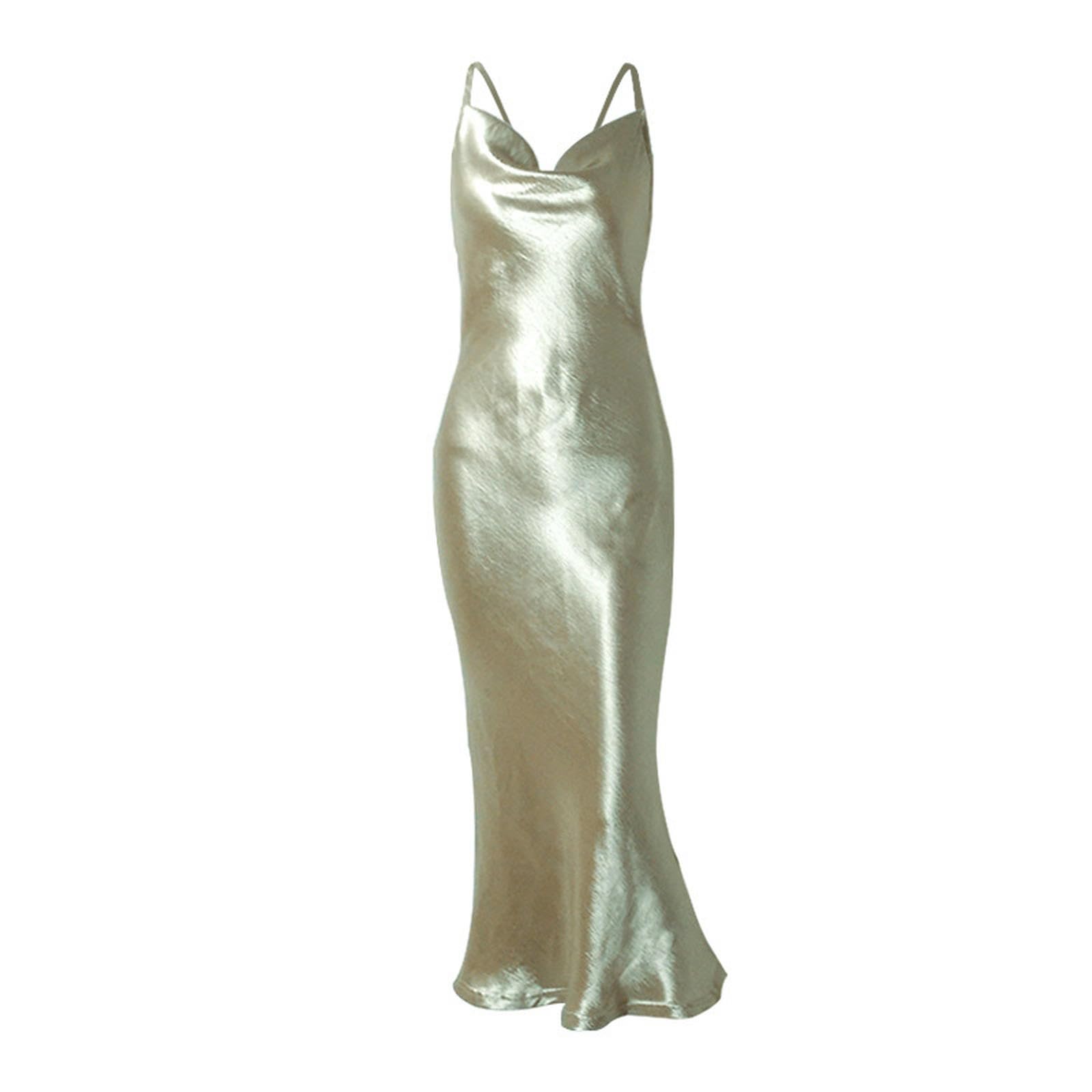 Camisón Largo de Cola de pez de satén con Tirantes Europeos y Americanos de Verano Vestido de mujer-8151-2 Blanco-S