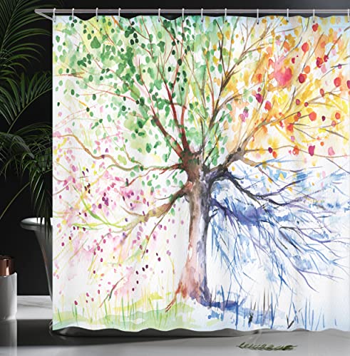 Ambesonne SC_3389_EXTRALONG Tree Shower Curtain Bathroom Accessories Set Watercolor Style Tree With Colorful Blooming Branches 4 Seasons Theme Cloth Fabric thumb #2