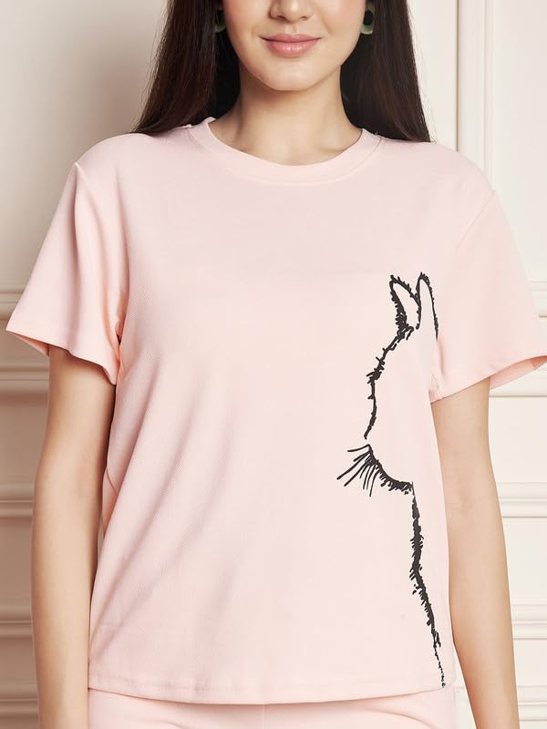 Image of DTR FASHION Polyester Blend Cat Sketch Print Tracksuit | Night Wear Suit For Women