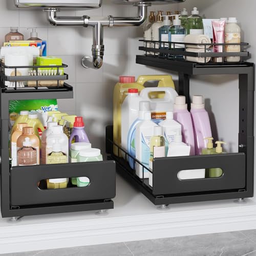 Image of Under Sink Organizer Upgrade To Professional Rails,2-Tier Dual Pull Out Cabinet Storage,Height Adjustable Slide Out Drawers For Bathroom Kitchen,2 Pack-16.7 inchDx12.8 inch-16.9 inchH,Black