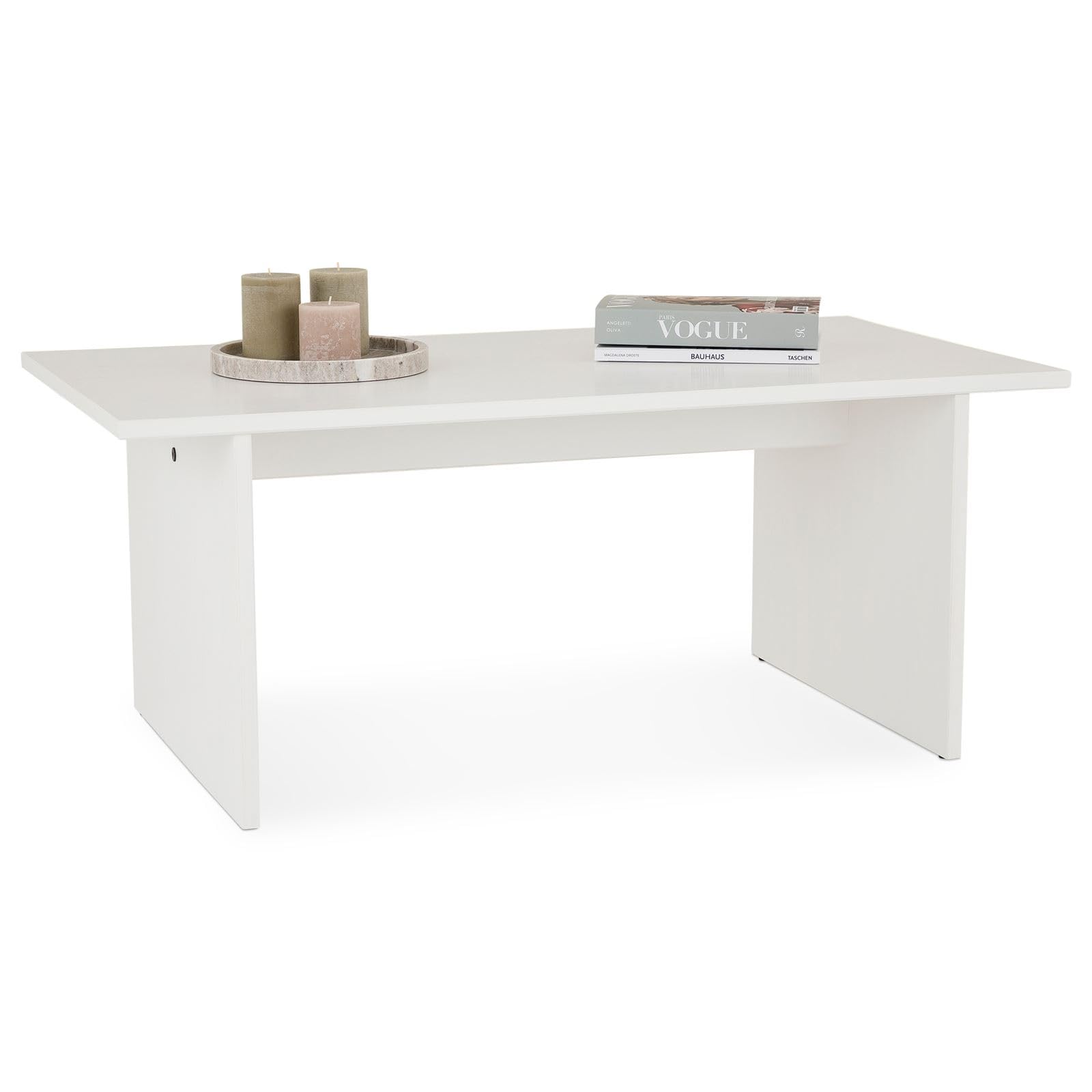 IDIMEX Table Basse Salto rectangulaire pour Salon en Bois Massif Blanc, 110x45 cm, élégante et Minimaliste, Pieds en Bois