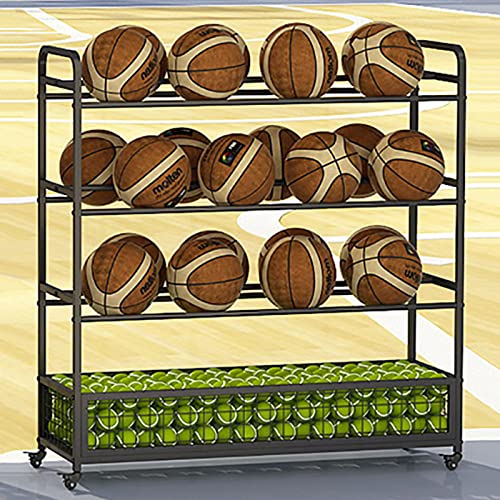 4 Tier Mobile Sports Equipment Storage Rack on Wheels, Heavy Duty Double Wide Basketball Organizer Stand Holder, Outdoor/Playground (Color : Black)