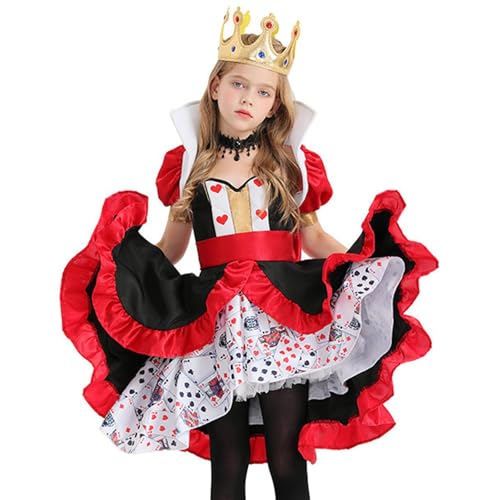 Girls Queen of Hearts Style Princess Dress Fairy Tale with Puff Sleeves Headband Waistband Party Cosplay for 12-13