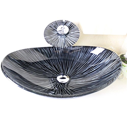 HomeLava Lavabo Vasque en Verre Trempé pour plan de travail évier lavabo avec robinet cascade Bague de montage et de l'eau de vidange Ensemble