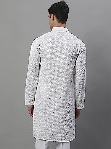 Image of Jompers White Chikankari Embroidered and Sequence Men's 3XL Regular Fit Knee Length Kurtas