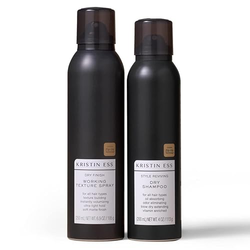 Kristin Ess Set de peinado en seco para el cabello, champú seco con vitamina C en polvo + spray texturizante de sujeción ligera, voluminizador,