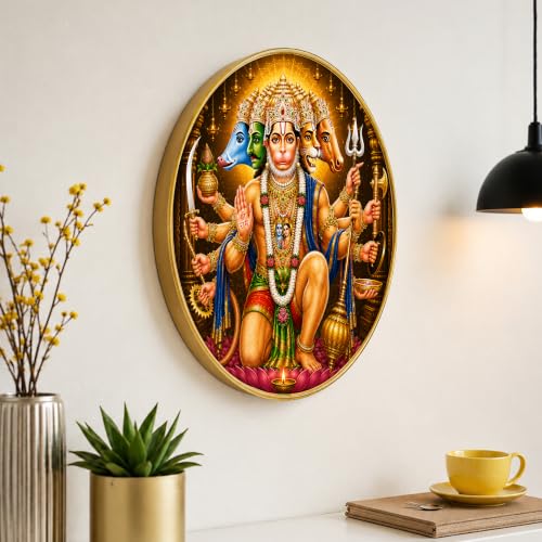 Image of PAINTINGMANTRA Panchmukhi Hanuman Ji Framed Wall Art Painting For Living Room| Spiritual Lord Hanuman Religious Poster with Round frame for Wall, Decoration item for Home, Office, 12 Inch