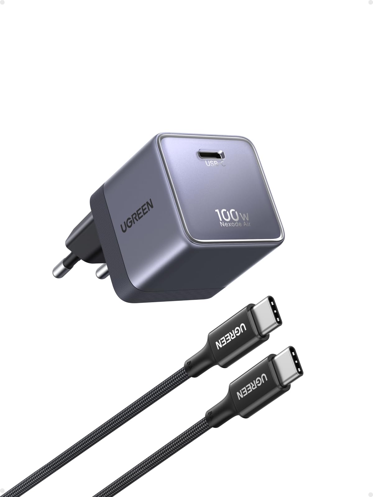 UGREEN Nexode Air 100 W USB-C ładowarka z kablem USB-C 1 m, 1 port USB-C | Ładowarka GaN z kablem ładującym, kompaktowa ładowarka do laptopów MacBook Pro, MacBook Air, iPhone, iPad Pro, Galaxy