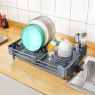 SAYZH Ociekacz do naczyń, kuchenny stojak do suszenia naczyń, rozszerzalny (33,5 cm - 50 cm) ze stali nierdzewnej, organizer do zlewu, stojak na naczynia i ociekacz, zestaw z uchwytem na przybory,