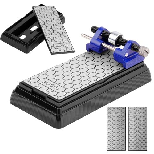 Aolso Piedra Afilar Diamante Doble Cara, Grano 400/1000 Piedra Afilar Cuchillo, Placa de Afilado con con Guía de Afilado de Metal, Base Antideslizante y Rueda, para Cuchillos de Cocina Exteriores