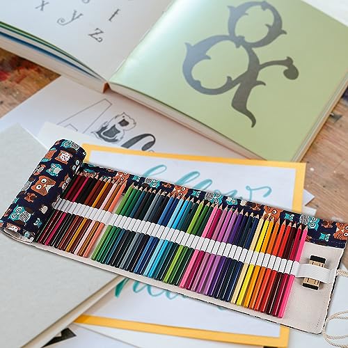 Image of Surblue Canvas Pencil Case Pencil Roll Wrap with 72 Slots Coloring Pencil Holder Organizer Paint Brush Storage Pouch Portable for Artist, Writer (Navy Owl