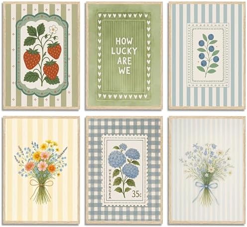 6Pcs Vintage Rustic Floral Wall Art Minimalism Stripe Botanical F...