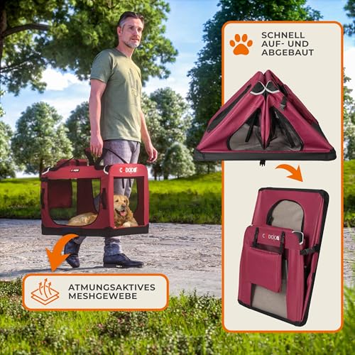 CADOCA® Hundebox faltbar Transportbox XL 82x56x58cm robust atmungsaktiv Transporttasche Auto Rückbank Haustiertransportbox Hundetragetasche Dunkelrot