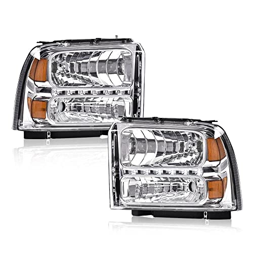 Image of GRAND ORANGE LED DRL Headlights Assembly, Compatible with 2005 2006 2007 Ford F250 F350 F450 F550 Super Duty bumper Headlamp, Amber Corner Headlight(Clear lens Chrome Housing Amber Reflector)