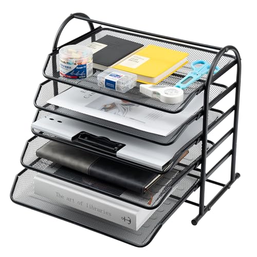 5 Tier Mesh Letter Tray,Office Desk Paper Organizer with Sliding Trays,Metal Desktop File Paper Tray for Letters, Mail, Documents (Black)