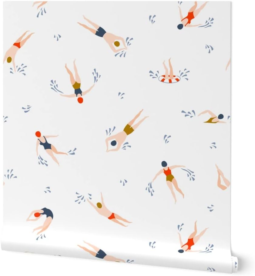 Peel & Stick Wallpaper Swatch - Cute Swimmers White Light Swimming Hand Drawn Custom Removable Wallpaper by Spoonflower