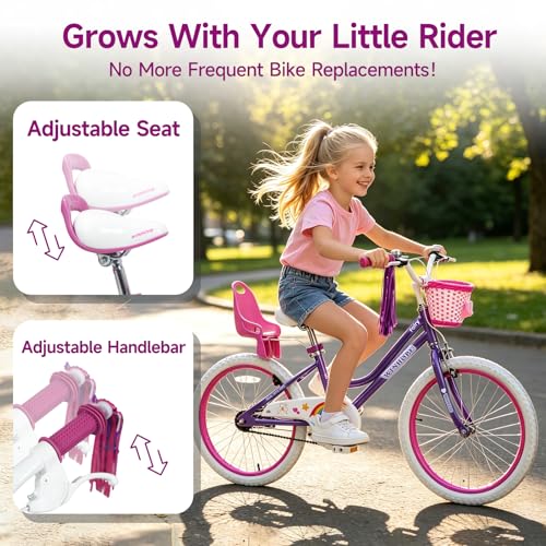 Image of WinHope Girls Bike with Doll Seat, 12 14 16 18 20 Inch Kids Bike for 2-12 | Dual Brake with Training Wheels / Kickstand & Streamers Birthday Gift for Toddler Outdoor Riding, Multiple Colors