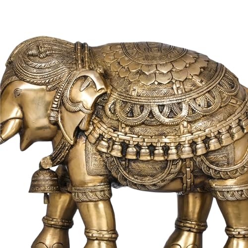 Image of Majestic Pair of Ornate Brass Elephants | Traditional Pure Brass Large Elephant Statue Set | Royal Decorative Showpiece for Home Entrance Lobby Decor | Height 14.5 Inches