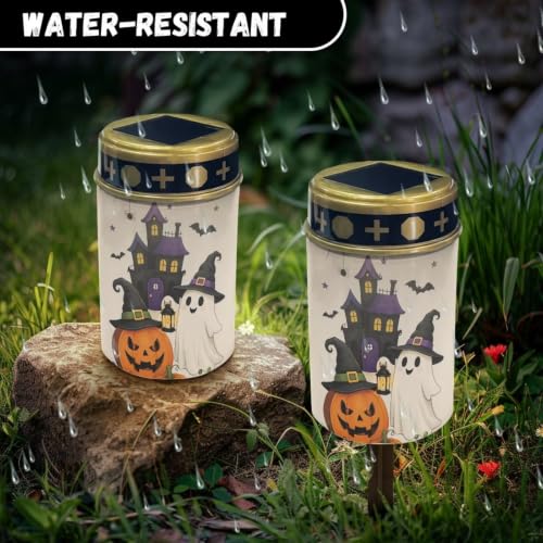 Image of Poceacles Solar Lights Outdoor Solar Powered Outdoor Cemetery Stake Candle Grave Lamp Landscape Lighting Halloween Grave Flameless Candle, Pumpkin Ghost Print Beige, Pack of 6
