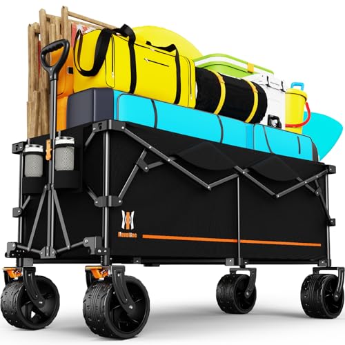 Navatiee 48 L Collapsible Extended Wagon 440Lbs Heavy Duty Wagons Carts Foldable 300L Extra Large Beach Wagon with Big All-Terrain Wheels for Sand Folding Utility Garden Cart for Outdoor Black