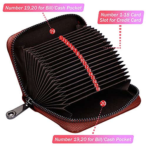 Image of LINNO RFID 20 Card Slots Credit Card Holder Genuine Leather Small Card Case for Women or Men Accordion Wallet with Zipper