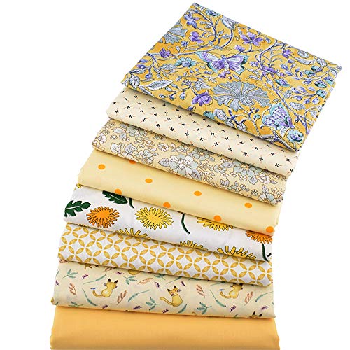 8 piezas de tela de algodón para manualidades de la serie amarilla, cuadrados, patchwork, floral, de algodón, 46 cm x 56 cm