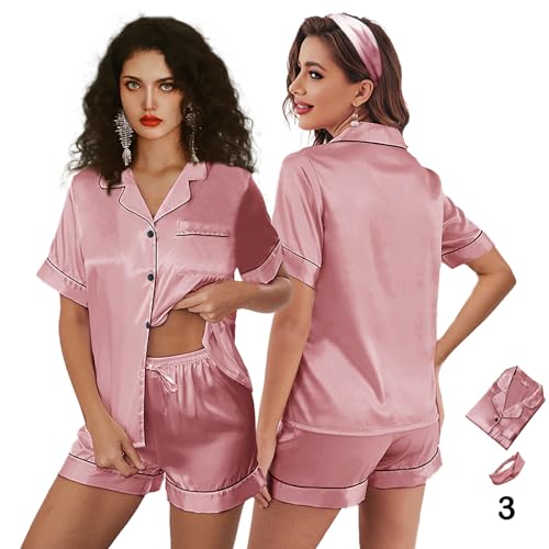Image of 3Pcs Silk Pajamas XS-4XL Womens Satin Pajama Short Floral Sleepwear Bride Soft Pj Lounge Sets Pjs Shorts Set