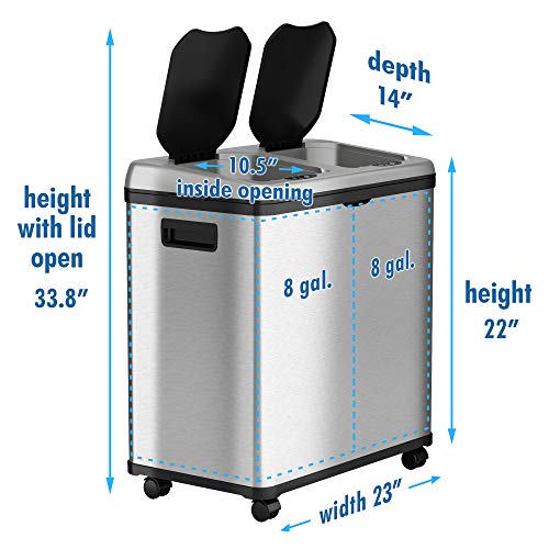 Itouchless 16 Gallon Stainless Steel Combo Trash And Recycle Bin With Decals, Dual Compartment (8 Gal Each) 60 Liter Kitchen Garbage Waste Can Touchless, Includes Stickers To Label Bins #TOP6