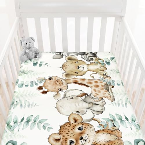 Image of HawSkgFub Safari Jungle African Animals Eucalyptus Leaf Fitted Standard Baby Crib Sheet, Giraffe Lion Tiger Elephant Zebra Toddler Mattress Cover, Soft Stretchy Nursery Bed Sheets Kids Gift 52” x 28”