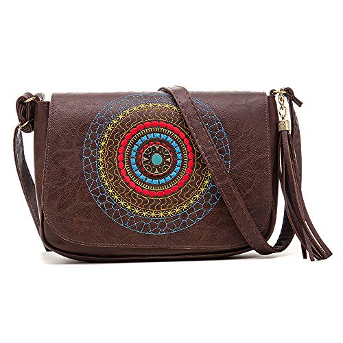 Kit De Bolsa transversal + Carteira Mandala Bordada Nova Delhi Alice Monteiro Cor:Marrom