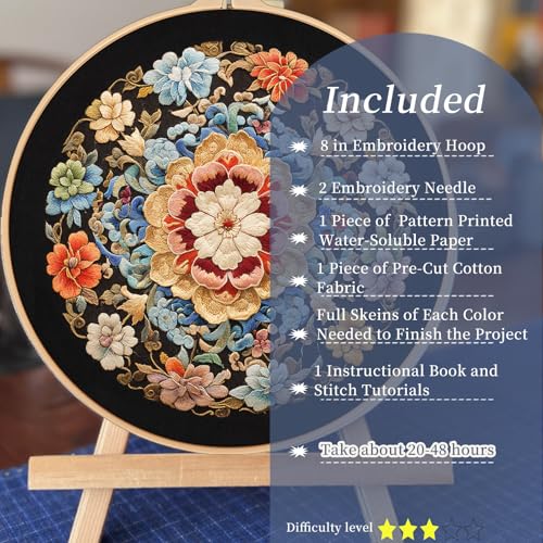 Image of FONNUY Floral Embroidery Kit, Cross Stitch Kits for Beginners, Handmade Crafts with Printed Patterns for Beginner Adults, Easy to Follow Color Thread Needlework, 8'' Hoop (Wildfire of Blossoms)