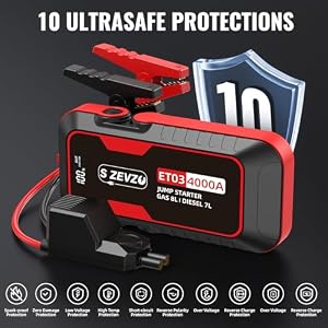 S ZEVZO ET03 Car Jump Starter 4000A Jump Starter Battery Pack for Up to 8.0L Gas and 7.0L Diesel Engines, 74Wh Portable 12V Jump Box with USB Ports, LCD Display, Storage Case, and LED Light — photo 5 of 6