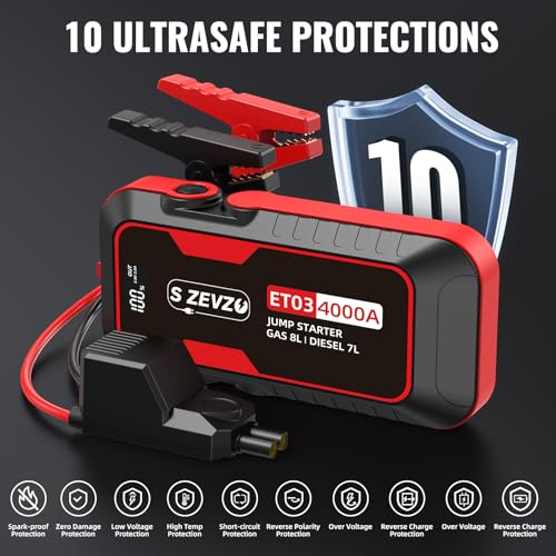 S ZEVZO ET03 Car Jump Starter 4000A Jump Starter Battery Pack for Up to 8.0L Gas and 7.0L Diesel Engines, 74Wh Portable 12V Jump Box with USB Ports, LCD Display, Storage Case, and LED Light - Image 6