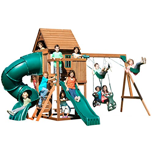 Swing-N-Slide Tremont Tower Play Set with Two Slides, Two Swings, Glider, Picnic Table, Telescope and Climbing Wall , Green