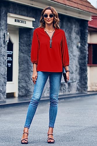Cnkwei Womens V-Neck Lantern Sleeve Blouse Zipper Design Loose Casual Top Shirts Red #TOP5