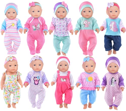 Image of iBayda 10 Sets Baby Doll Clothes and Accessories Include Rompers Outfits Hat Headbands for 14-17 Inch New Born Baby Dolls (Doll Not Included)